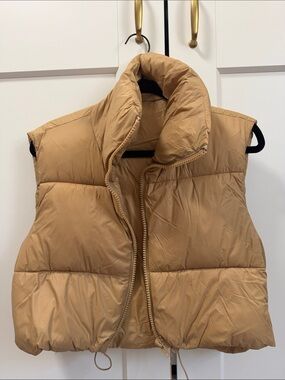 Amazon Tan Quilted Puffer Vest with High Collar